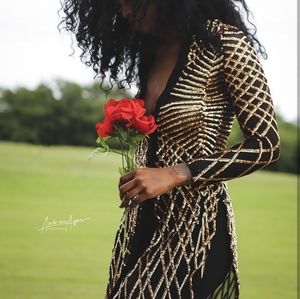 Gold metallic black button down dress